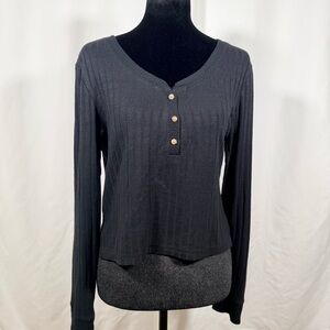 Abercrombie & Fitch Black Ribbed Henley Long Sleeve Top